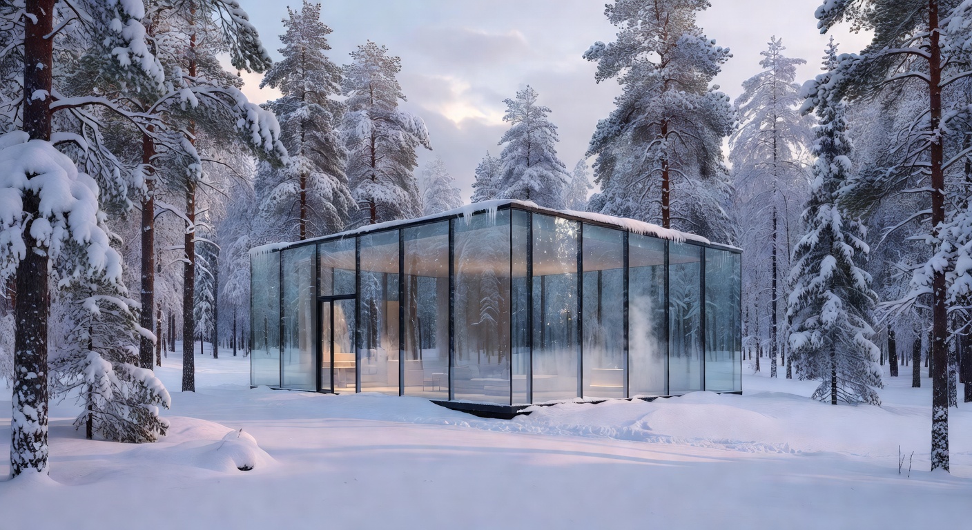 Modern glass house in snowy Norwegian forest