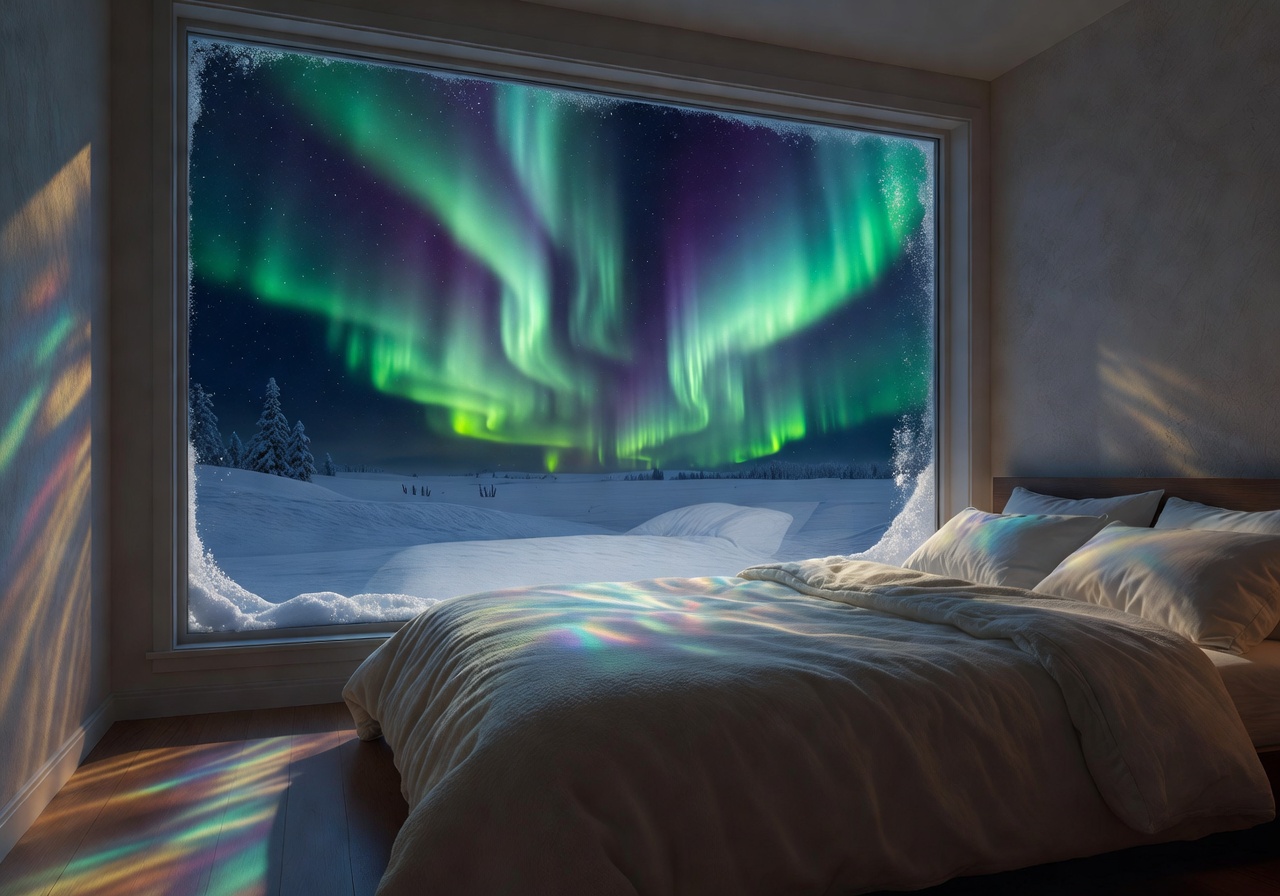 The Svalbard cozy interior view during a blizzard